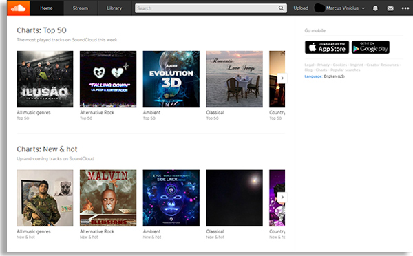 Downloading music on SoundCloud, the service's homepage