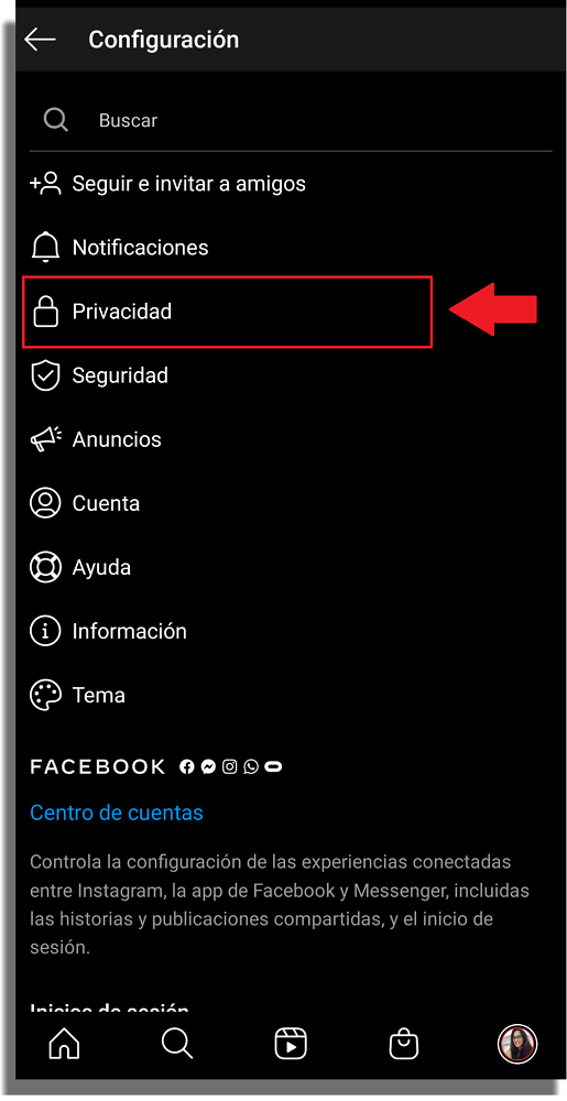 menú privacidad ig