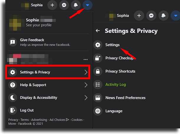 facebook settings screen in dark mode. This is the first step to recover deleted facebook files