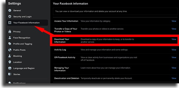 facebook settings screen where you can download your information and recover deleted Facebook files