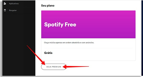 tela do site do spotify com duas setas vermelhas apontando para um botão escrito Seja Premium