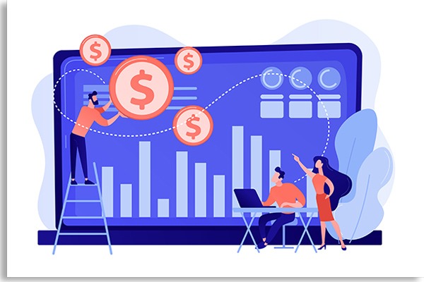 ilustração com pequenas pessoas de frente para um computador, pegando símbolos de dinheiro e gráficos na tela de fundo azul