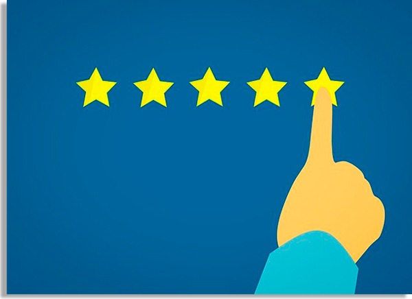 ilustração de fundo azul com mão com o dedo indicador passando por cinco estrelas amarelas
