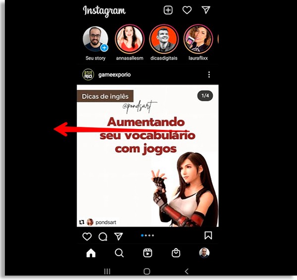 tela inicial do instagram com seta vermelha apontando para a esquerda