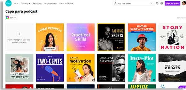 tela do canva com modelos de capas para podcasts no spotify