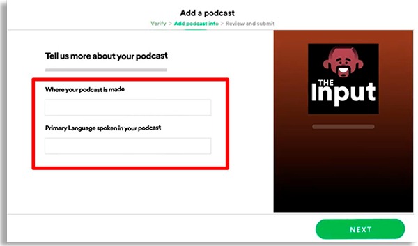 página do spotify para podcasters, onde devem ser colocadas informações sobre o programa