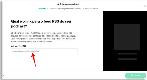 página do spotify para podcasters, onde é necessário colar o link do feed RSS do seu podcast
