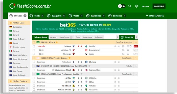 tela inicial do flashscore, um dos melhores sites grátis de resultados de futebol