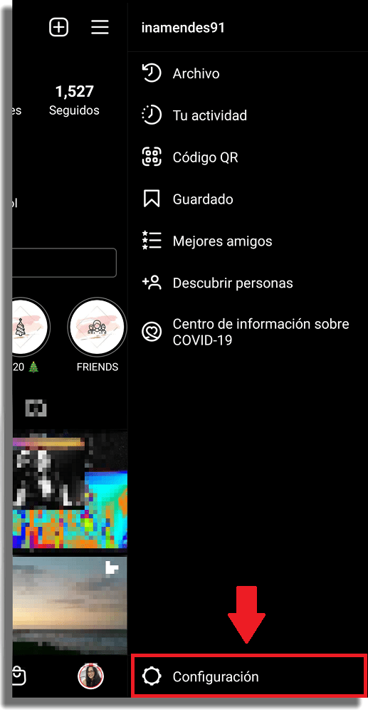 menú configuración de ig