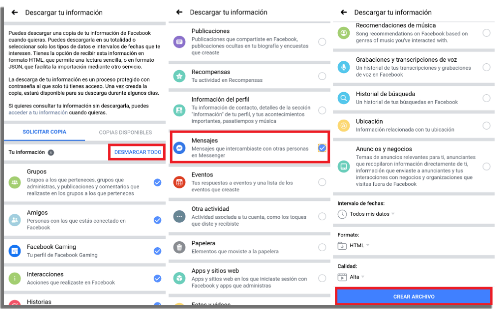 Recuperar mensajes borrados en Messenger