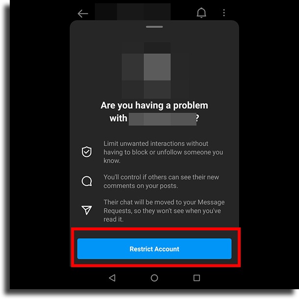 Restrict account button restrict someone on Instagram