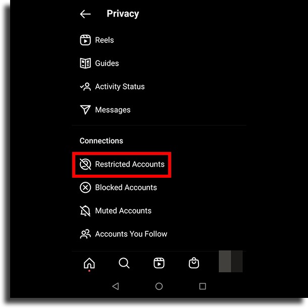 Restricted accounts submenu restrict someone on Instagram