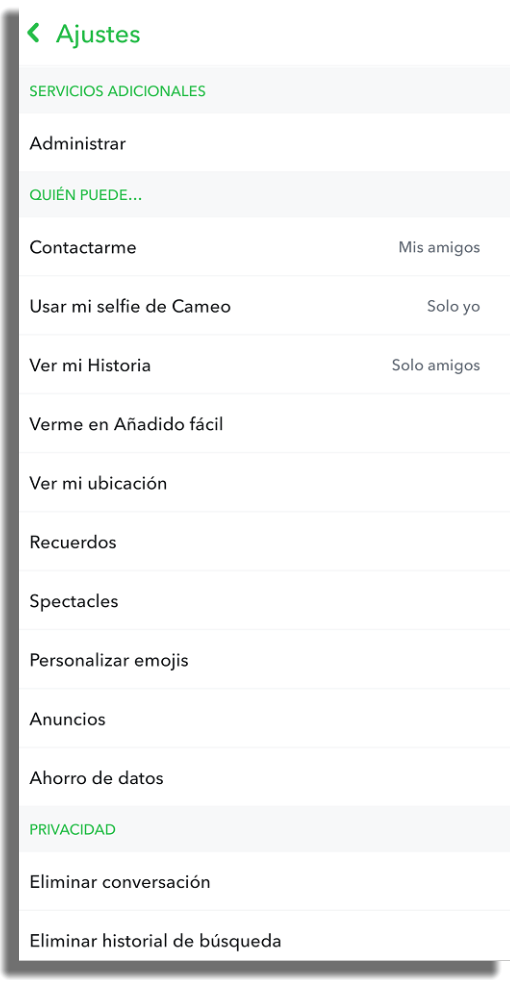 menú ajustes snapchat