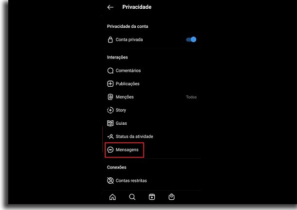 solicitações de mensagens no instagram configurações