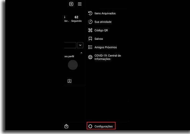configurações do instagram