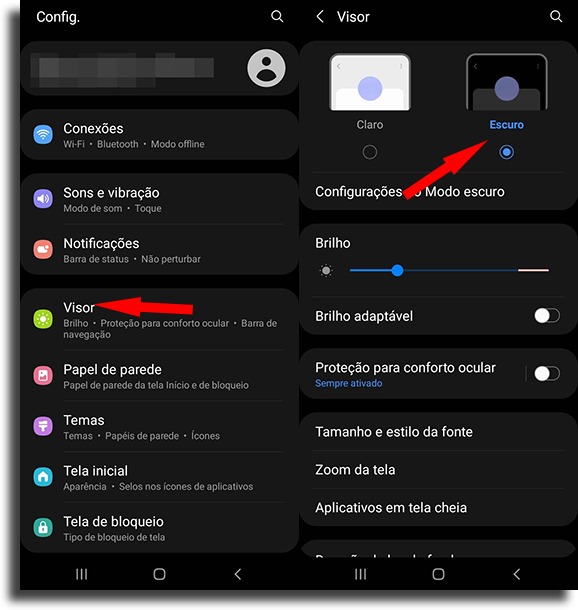 Modo escuro no Android pelas configurações 