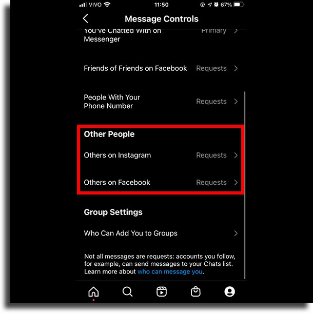 Other people disable message requests on Instagram