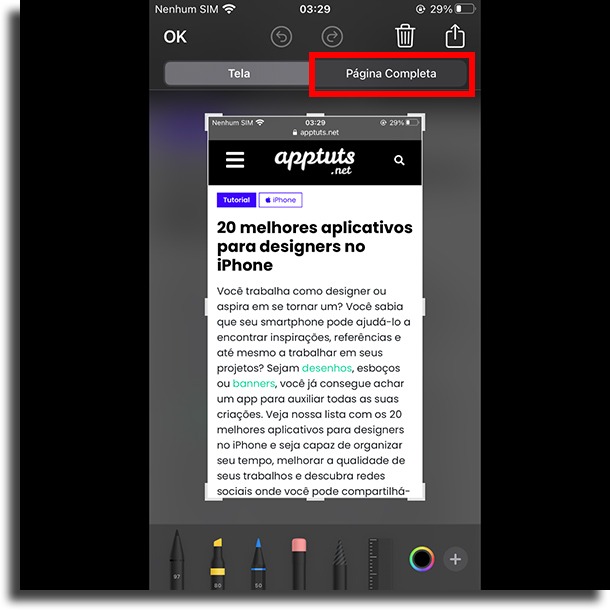 Página Completa tirar print de uma página inteira no iPhone