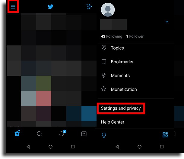 Settings and privacy on Android delete Twitter account
