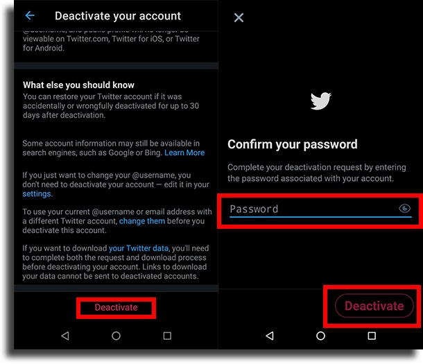 Finalize deactivation on Android delete Twitter account