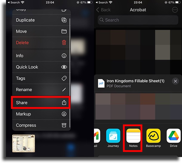 add attachments to Notes in iPhone by sharing