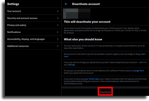 Confirm deactivation on the web delete Twitter account