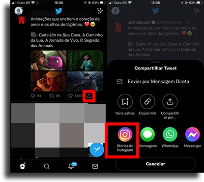 Compartilhar e tocar em Stories do Instagram compartilhar Tweet nos Stories do Instagram