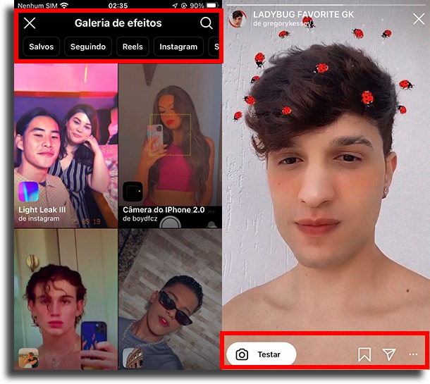 Galeria de efeitos e opções 