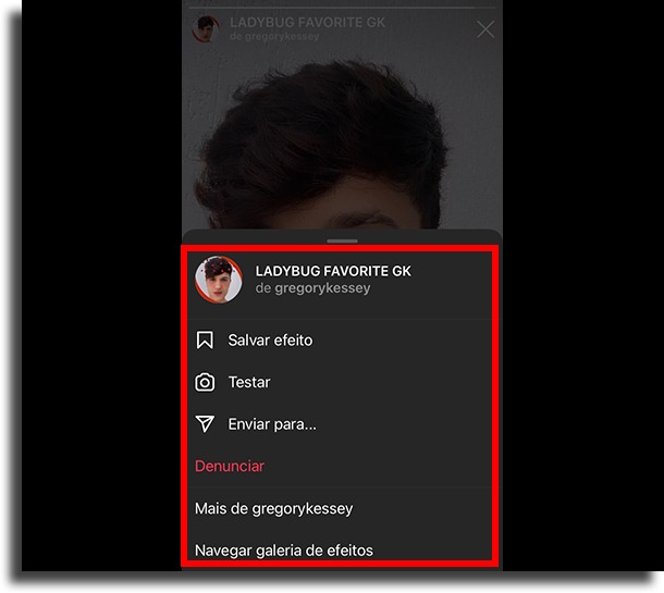 Opções do filtro procurar novos filtros nos Stories