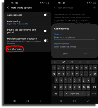 Adding the text shortcut to the Samsung keyboard