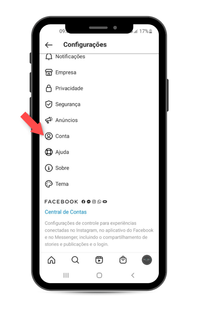 selecionando Conta para escolher entre empresa, criador de conteúdo e conta pessoal