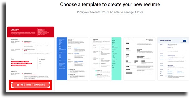 select the template create a résumé
