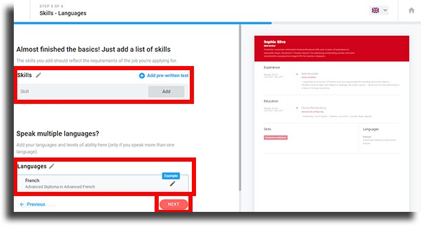 add skills and languages 