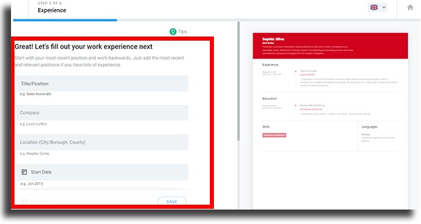 add your experience create a résumé