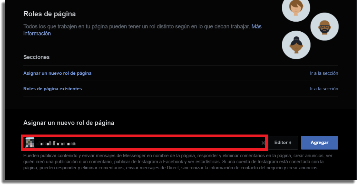 asignar un rol de administrador en una Página de Facebook