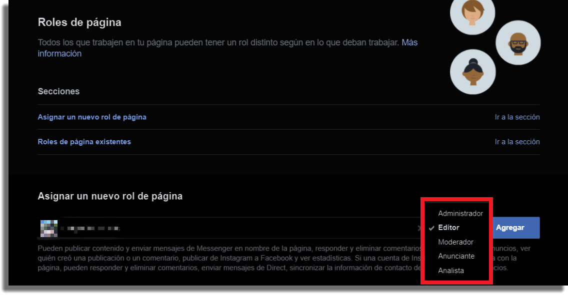 asignar un rol de administrador en una Página de Facebook