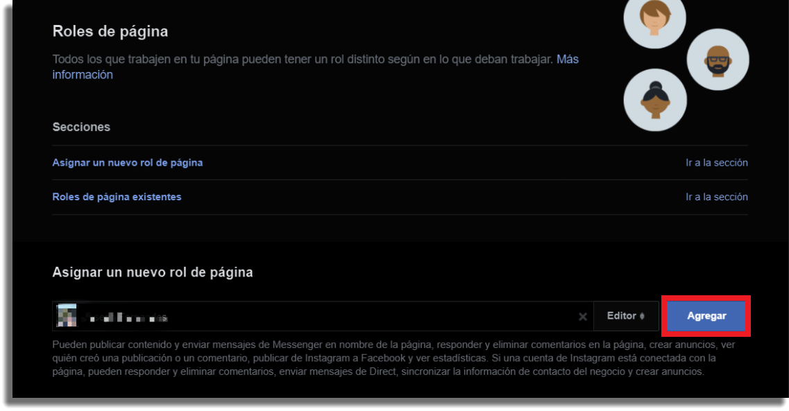 asignar un rol de administrador en una Página de Facebook