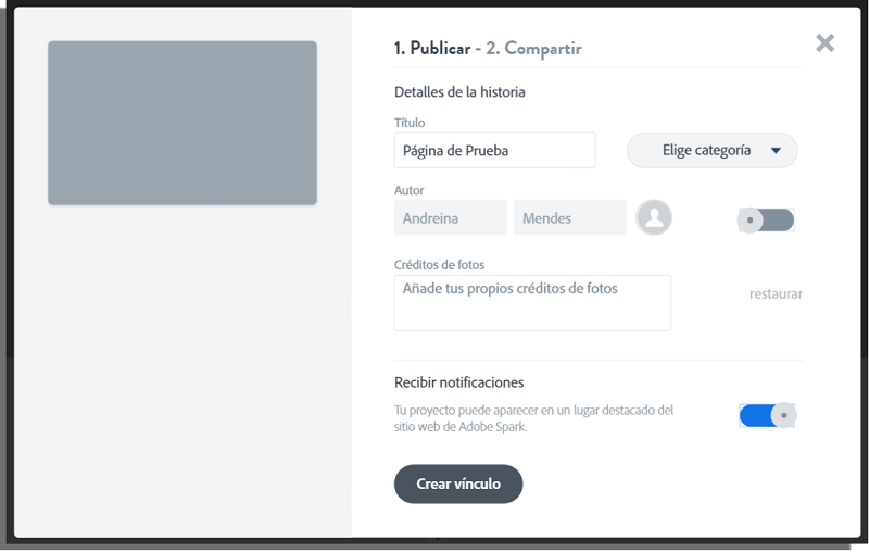 Adobe Spark Page Publicar