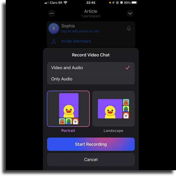 record video chat group video call on Telegram