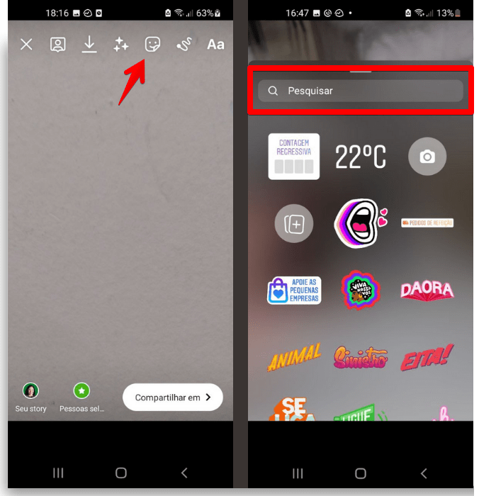 Adesivos do Instagram pesquisa