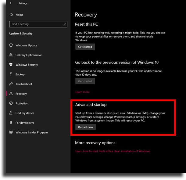 using settings boot WIndows in recovery environment