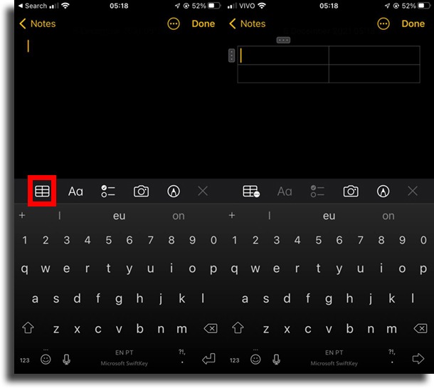 Create tables apple notes
