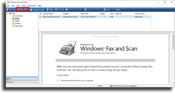 Click New Scan in Windows Fax and Scan to scan from any printer