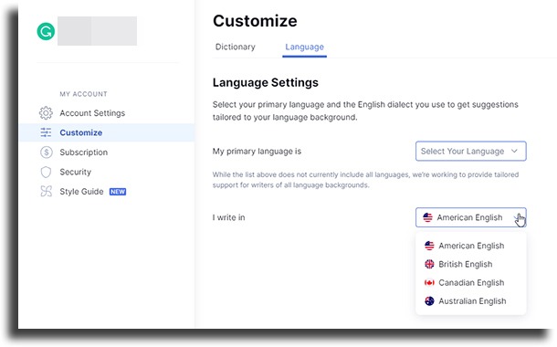 select language to use Grammarly in Google Docs