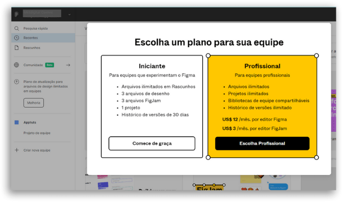 Figma design UI cadastro e planos