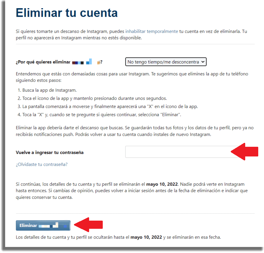 eliminar cuenta instagram