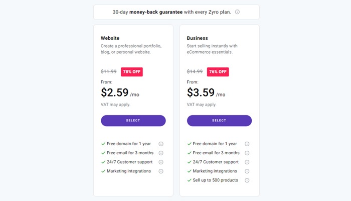 zyro plans create a sales website