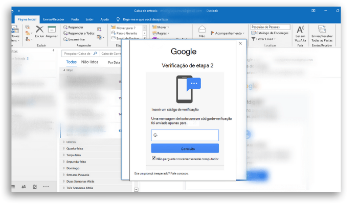 autenticação de dois fatores pra usar o Gmail no Outlook