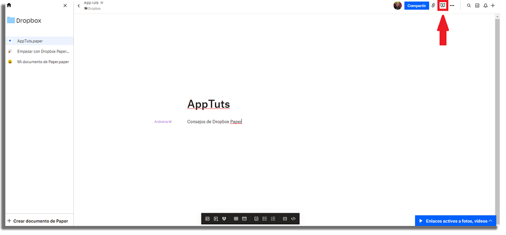 compartir pantalla dropbox paper