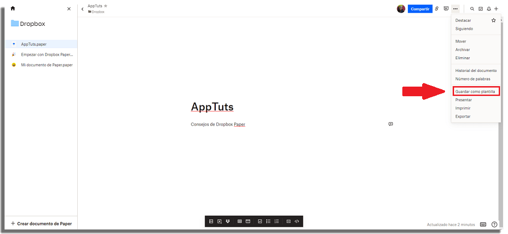 guardar como plantilla dropbox paper